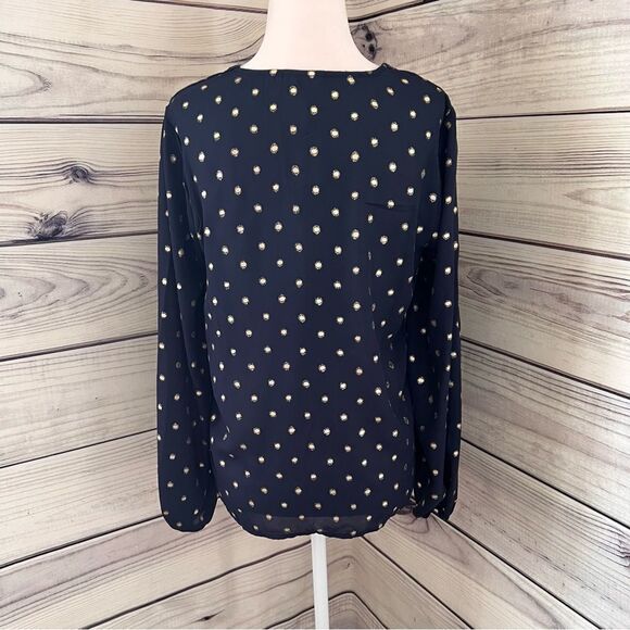 Stitch Fix Kaileigh Navy Blue & Gold Polka Dot V Neck Blouse - Picture 5 of 6